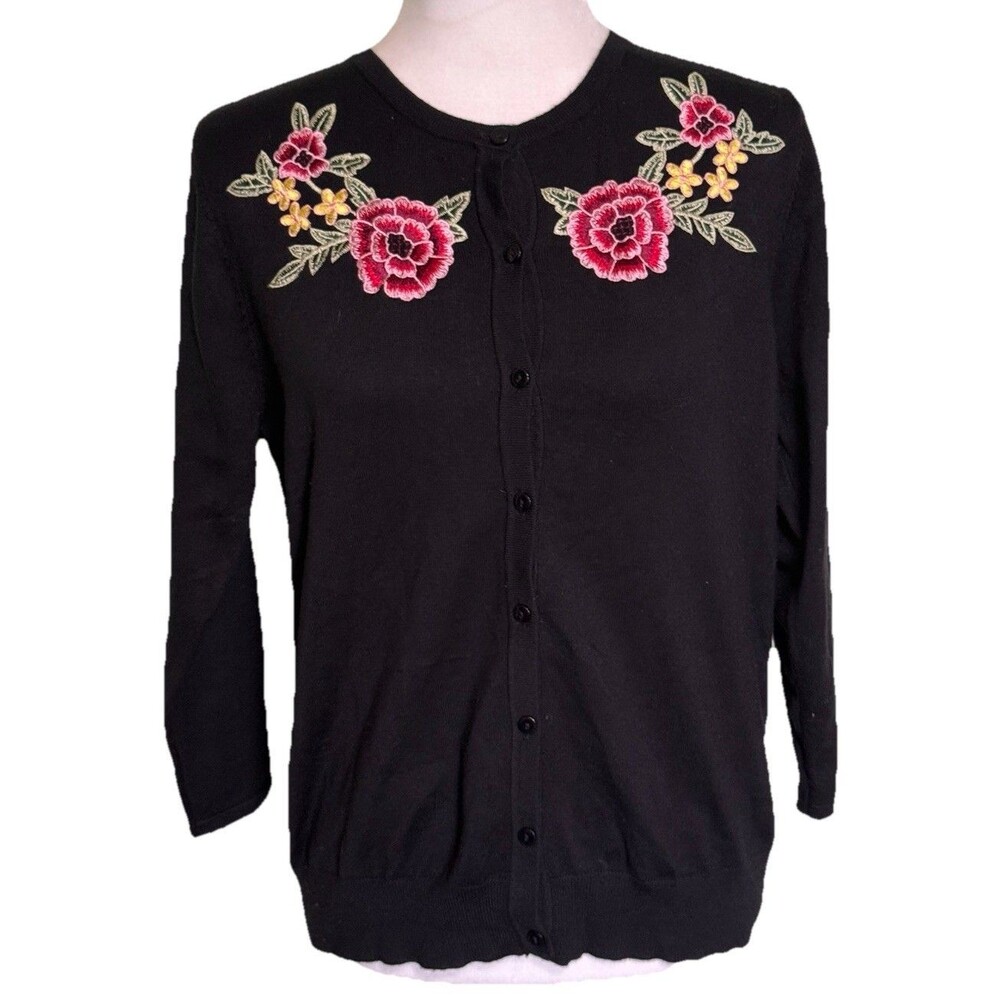 August Silk Women’s Cottagecore Romantic Black Embroidered Floral Cardigan Sz Lg